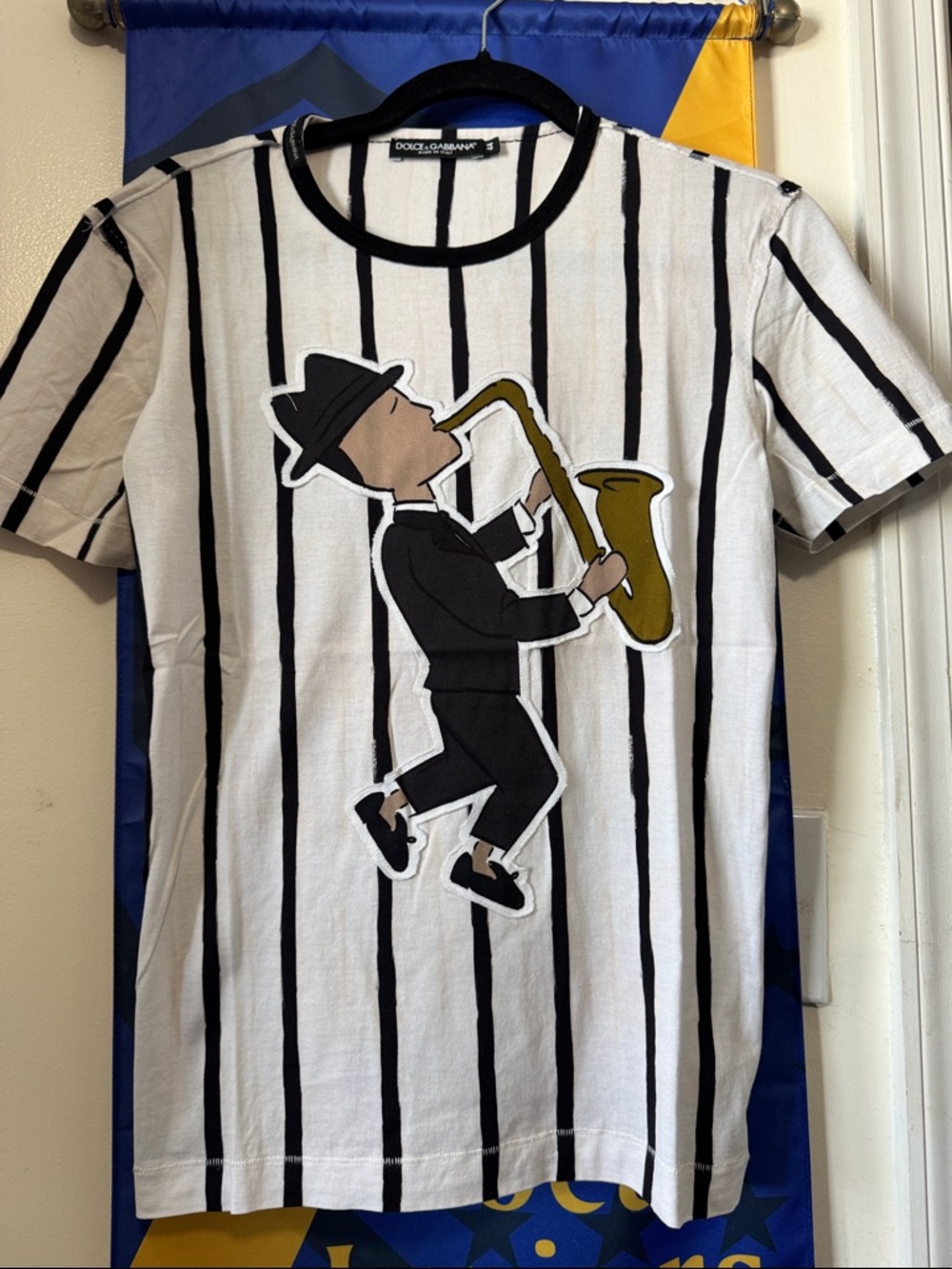 Dolce & Gabbana White Black Striped Saxophonist Graphic Tee